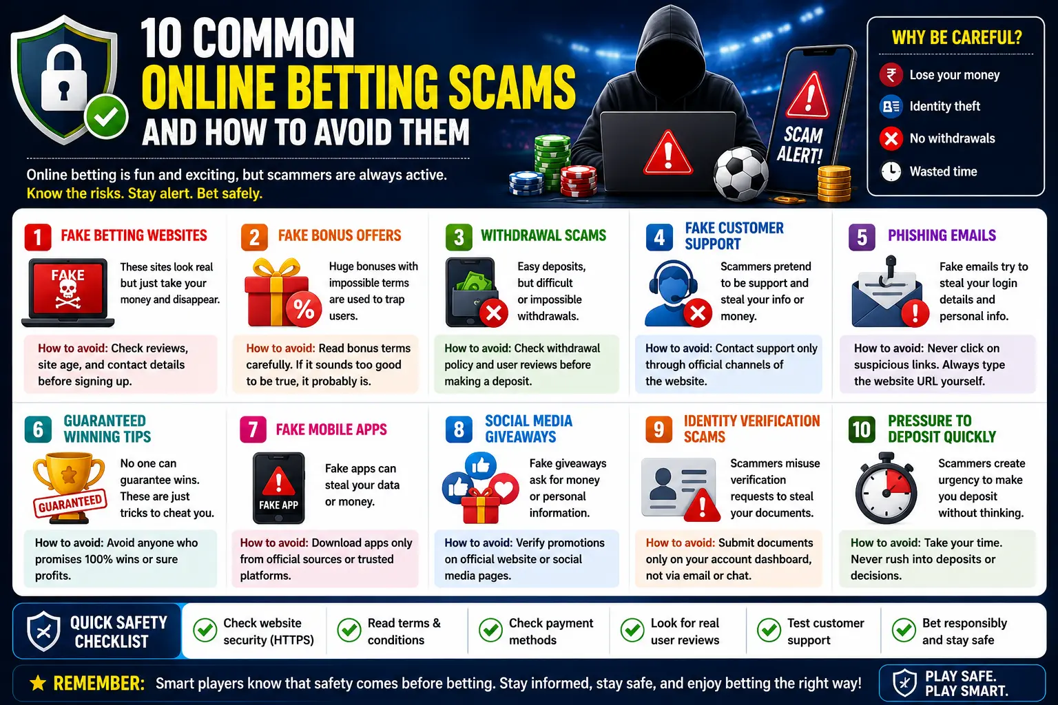 Guide explaining the most common online betting scams and how users can avoid them safely.